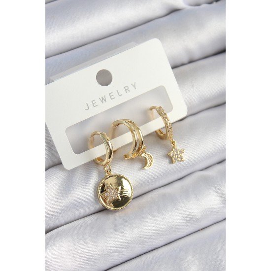 Pirinç Zirkon Taşlı Yıldız Ve Ay Model Gold Renk 3'lü Çift Kadın Küpe Set Pirinç Zirkon Taşlı Yıldız Ve Ay Model Gold Renk 3'lü Çift Kadın Küpe Set