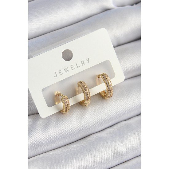 Pirinç Zirkon Taşlı Yıldız Model Gold Renk 3'lü Çift Kadın Küpe Set Pirinç Zirkon Taşlı Yıldız Model Gold Renk 3'lü Çift Kadın Küpe Set