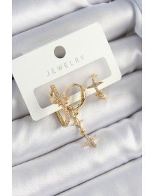 Pirinç Zirkon Taşlı Yıldız Model Gold Renk 3'lü Çift Kadın Küpe Set