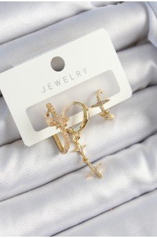 Pirinç Zirkon Taşlı Yıldız Model Gold Renk 3'lü Çift Kadın Küpe Set