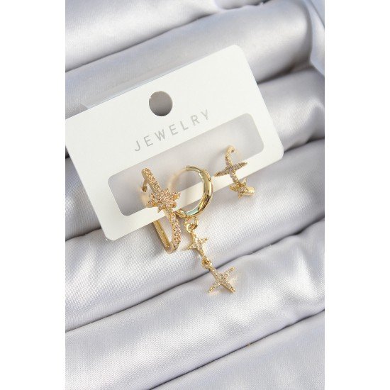 Pirinç Zirkon Taşlı Yıldız Model Gold Renk 3'lü Çift Kadın Küpe Set Pirinç Zirkon Taşlı Yıldız Model Gold Renk 3'lü Çift Kadın Küpe Set