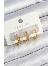 Pirinç Zirkon Taşlı Halka Model Gold Renk 3'lü Çift Kadın Küpe Set