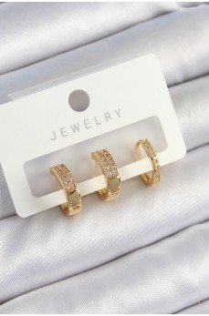 Pirinç Zirkon Taşlı Halka Model Gold Renk 3'lü Çift Kadın Küpe Set Pirinç Zirkon Taşlı Halka Model Gold Renk 3'lü Çift Kadın Küpe Set