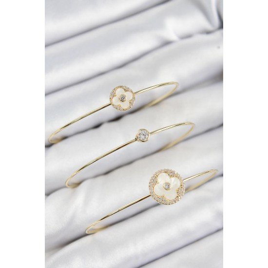 Pirinç Zirkon Taşlı Yonca Model Gold Renk Vip 3'lü Kadın Bileklik