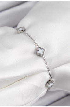 316L Çelik Beyaz Sedef Yonca Model Gümüş Renk Kadın Bileklik