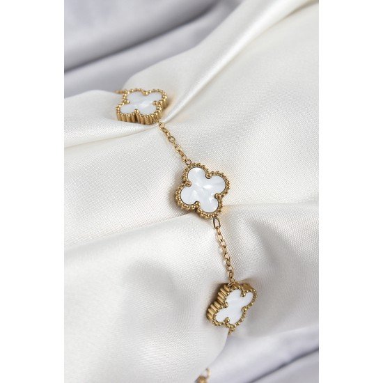 316L Çelik Beyaz Sedef Yonca Model Gold Renk Kadın Bileklik