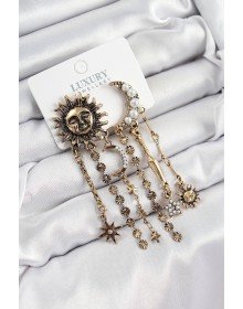 Pirinç Zirkon Taşlı Güneş Ve Ay Figürlü Eskitme Model Sallantılı Küpe