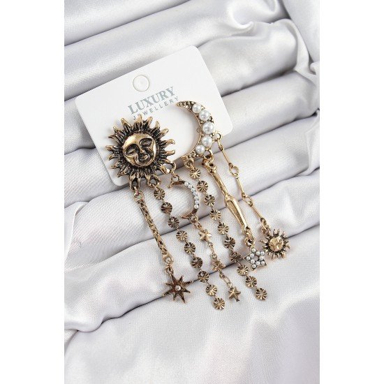 Pirinç Zirkon Taşlı Güneş Ve Ay Figürlü Eskitme Model Sallantılı Küpe