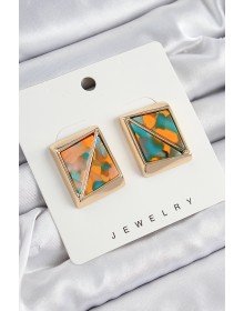 Pirinç  Turuncu Yeşil Üçgen Kesim Detaylı Kare Model Vintage Gold Renk Kadın Küpe