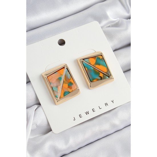 Pirinç  Turuncu Yeşil Üçgen Kesim Detaylı Kare Model Vintage Gold Renk Kadın Küpe