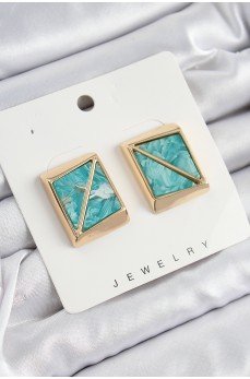 Pirinç Turkuaz Üçgen Kesim Detaylı Kare Model Vintage Gold Renk Kadın Küpe