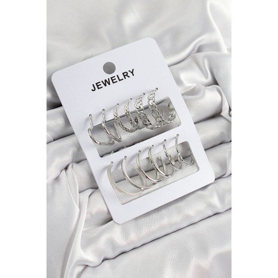 Pirinç Karışık Halka Model Gümüş Renk 6 Çift Kadın Küpe Set