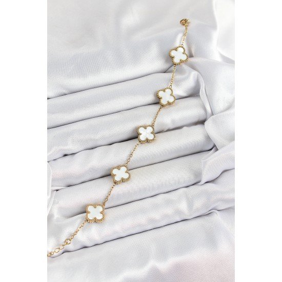 316L Çelik Beyaz Sedef Yonca Model Gold Renk Kadın Bileklik