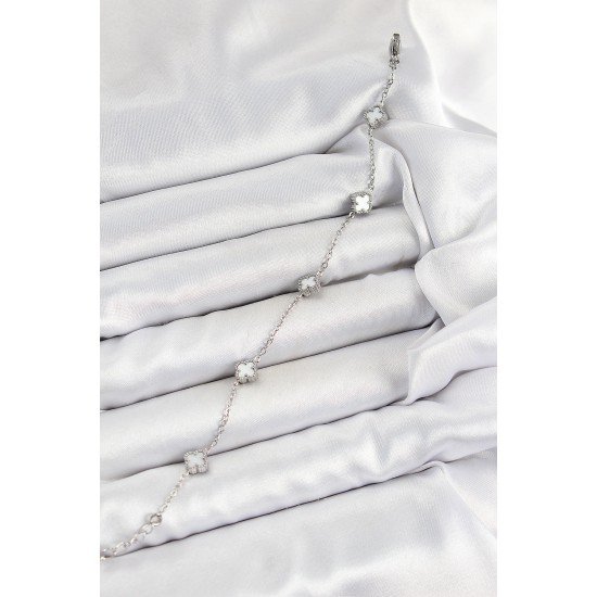 316L Çelik Beyaz Sedef Yonca Model Gümüş Renk Kadın Bileklik