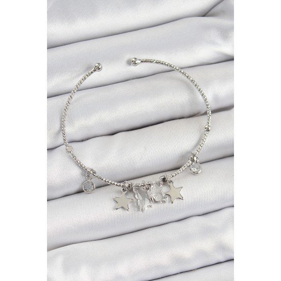 Pirinç Zirkon Taşlı Kelebek Ve Yıldız Model Gümüş Renk Charm Bileklik Pirinç Zirkon Taşlı Kelebek Ve Yıldız Model Gümüş Renk Charm Bileklik