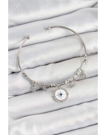 Pirinç Zirkon Taşlı Pusula Model Gümüş Renk Charm Bileklik