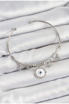 Pirinç Zirkon Taşlı Pusula Model Gümüş Renk Charm Bileklik