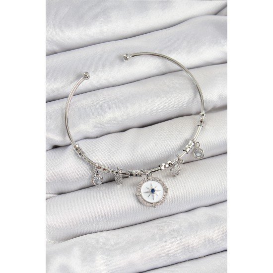Pirinç Zirkon Taşlı Pusula Model Gümüş Renk Charm Bileklik Pirinç Zirkon Taşlı Pusula Model Gümüş Renk Charm Bileklik
