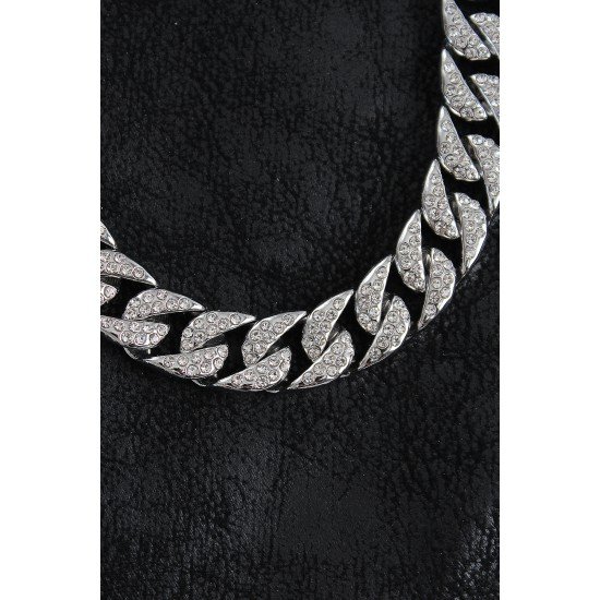 Pirinç Zirkon Taşlı Cuba Gurmet Model Gümüş Renk Erkek Kolye