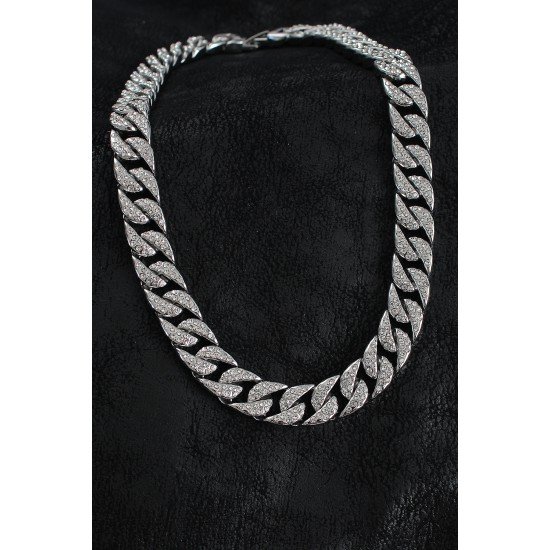 Pirinç Zirkon Taşlı Cuba Gurmet Model Gümüş Renk Erkek Kolye