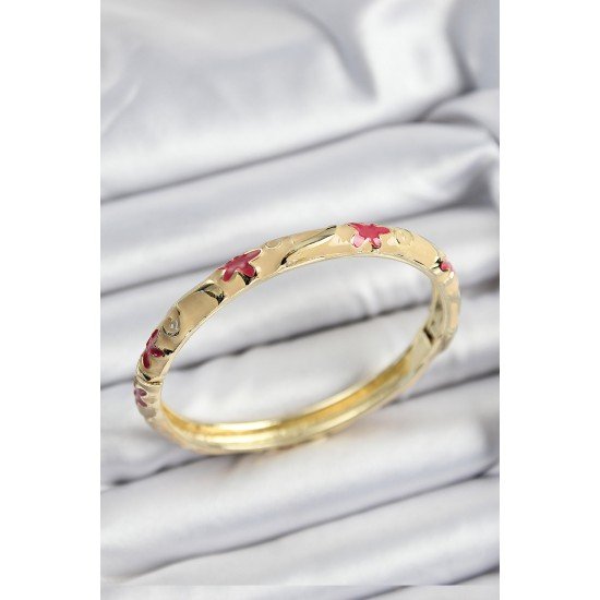 Mineli Pirinç Pembe Ve Krem Çiçek Motifli Gold Renk Kadın Kelepçe