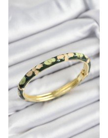 Mineli Pirinç Krem Ve Yeşil Çiçek Motifli Gold Renk Kadın Kelepçe