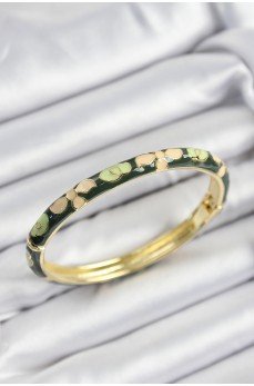 Mineli Pirinç Krem Ve Yeşil Çiçek Motifli Gold Renk Kadın Kelepçe