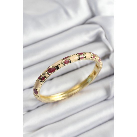 Mineli Pirinç Fuşya Ve Krem Petek Motifli Gold Renk Kadın Kelepçe