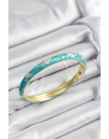 Mineli Pirinç Krem Ve Turkuaz Yaprak Motifli Gold Renk Kadın Kelepçe