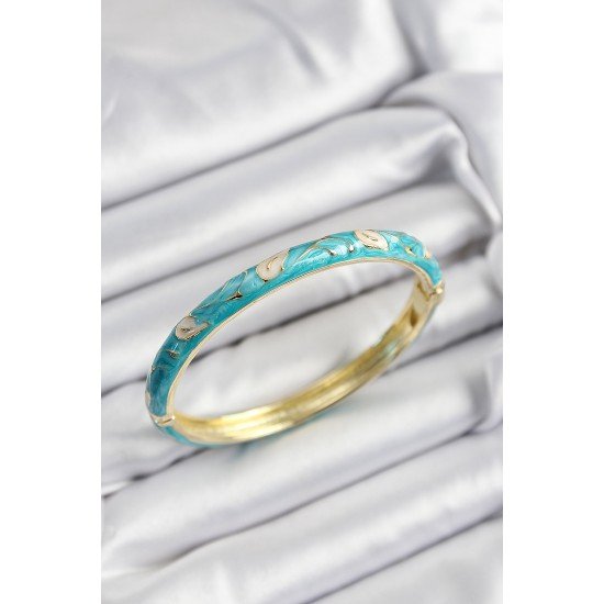 Mineli Pirinç Krem Ve Turkuaz Yaprak Motifli Gold Renk Kadın Kelepçe