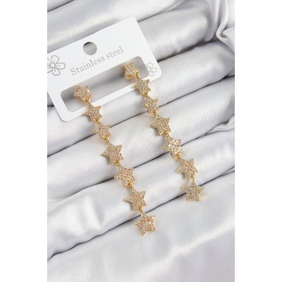 Pirinç Zirkon Taşlı Sallantılı Yıldız Model Gold Renk Kadın Küpe Pirinç Zirkon Taşlı Sallantılı Yıldız Model Gold Renk Kadın Küpe