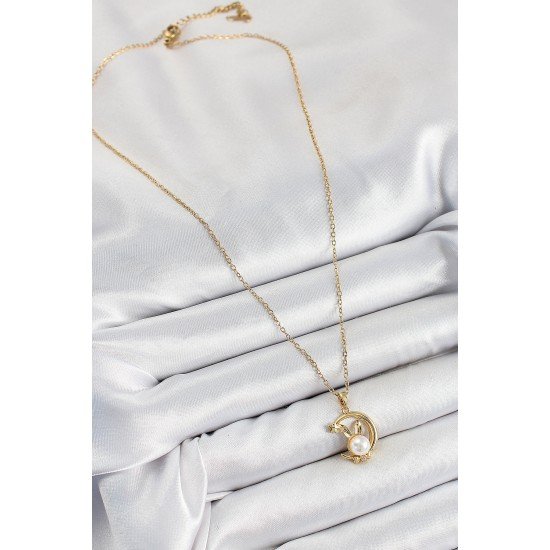 316L Çelik İnci Detaylı Hilal Tavşan Model Gold Renk Kadın Kolye 316L Çelik İnci Detaylı Hilal Tavşan Model Gold Renk Kadın Kolye