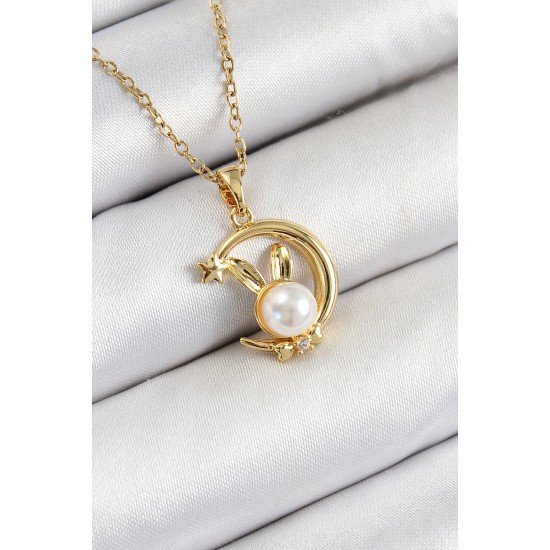316L Çelik İnci Detaylı Hilal Tavşan Model Gold Renk Kadın Kolye 316L Çelik İnci Detaylı Hilal Tavşan Model Gold Renk Kadın Kolye