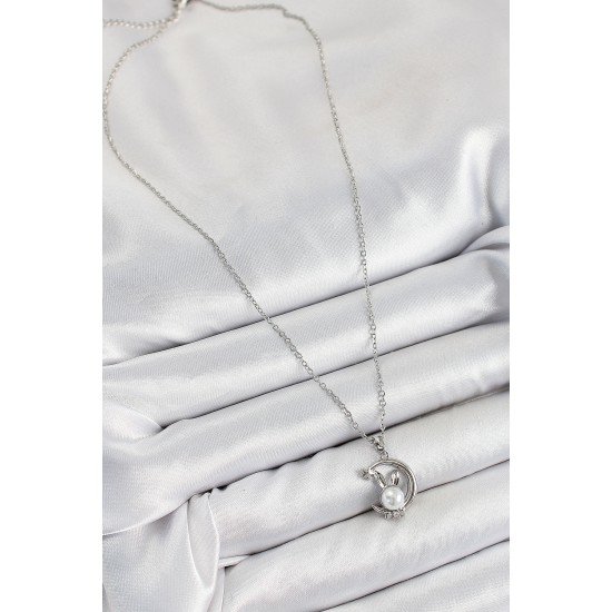 316L Çelik İnci Detaylı Hilal Tavşan Model Gümüş Renk Kadın Kolye