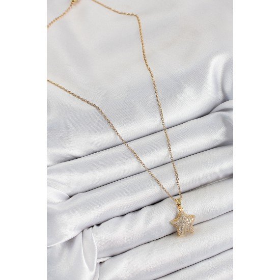 316L Çelik Zirkon Taşlı Yıldız Model Gold Renk Kadın Kolye