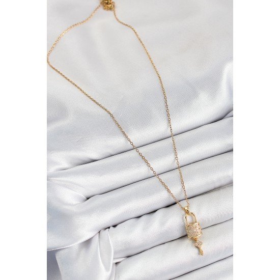 316L Çelik Zirkon Taşlı Kilit Ve Sallantılı Anahtar Model Gold Renk Kadın Kolye