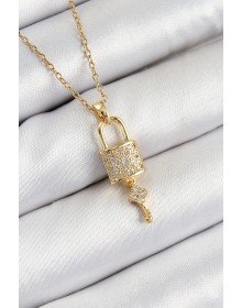 316L Çelik Zirkon Taşlı Kilit Ve Sallantılı Anahtar Model Gold Renk Kadın Kolye