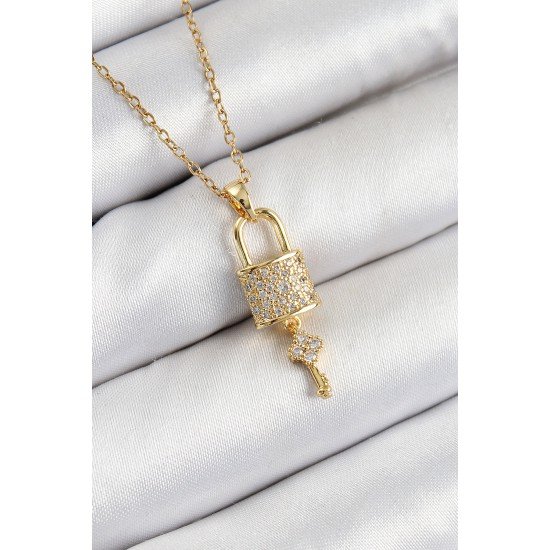 316L Çelik Zirkon Taşlı Kilit Ve Sallantılı Anahtar Model Gold Renk Kadın Kolye