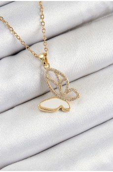 316L Çelik Zirkon Taşlı Kelebek Model Gold Renk Kadın Kolye