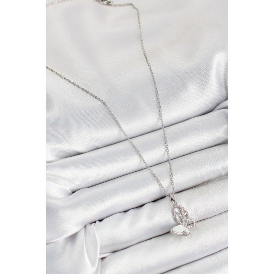 316L Çelik Zirkon Taşlı Kelebek Model Gümüş Renk Kadın Kolye