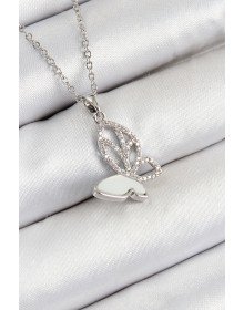 316L Çelik Zirkon Taşlı Kelebek Model Gümüş Renk Kadın Kolye