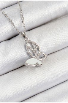 316L Çelik Zirkon Taşlı Kelebek Model Gümüş Renk Kadın Kolye
