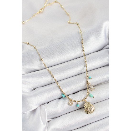 Pirinç Zirkon Taşlı Deniz Kabuğu Model Gold Renk Kadın Kolye