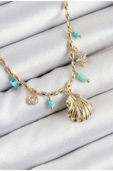 Pirinç Zirkon Taşlı Deniz Kabuğu Model Gold Renk Kadın Kolye