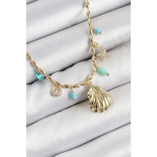 Pirinç Zirkon Taşlı Deniz Kabuğu Model Gold Renk Kadın Kolye