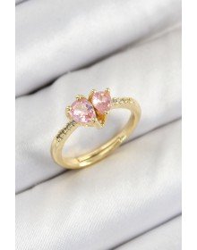 Pirinç Zirkon Taşlı Pembe Kalp Model Gold Renk Kadın Yüzük