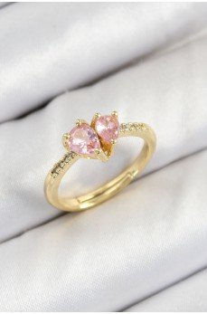 Pirinç Zirkon Taşlı Pembe Kalp Model Gold Renk Kadın Yüzük