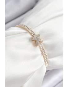 Pirinç Zirkon Taşlı X Detaylı Su Yolu Model Gold Renk Asansörlü Kadın Bileklik