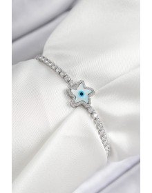 Pirinç Zirkon Taşlı Nazar Yıldız Model Gümüş Renk Asansörlü Kadın Bileklik