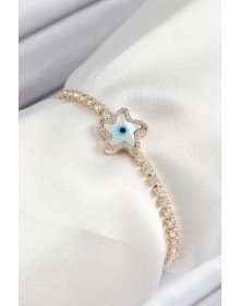 Pirinç Zirkon Taşlı Nazar Yıldız Model Gold Renk Asansörlü Kadın Bileklik
